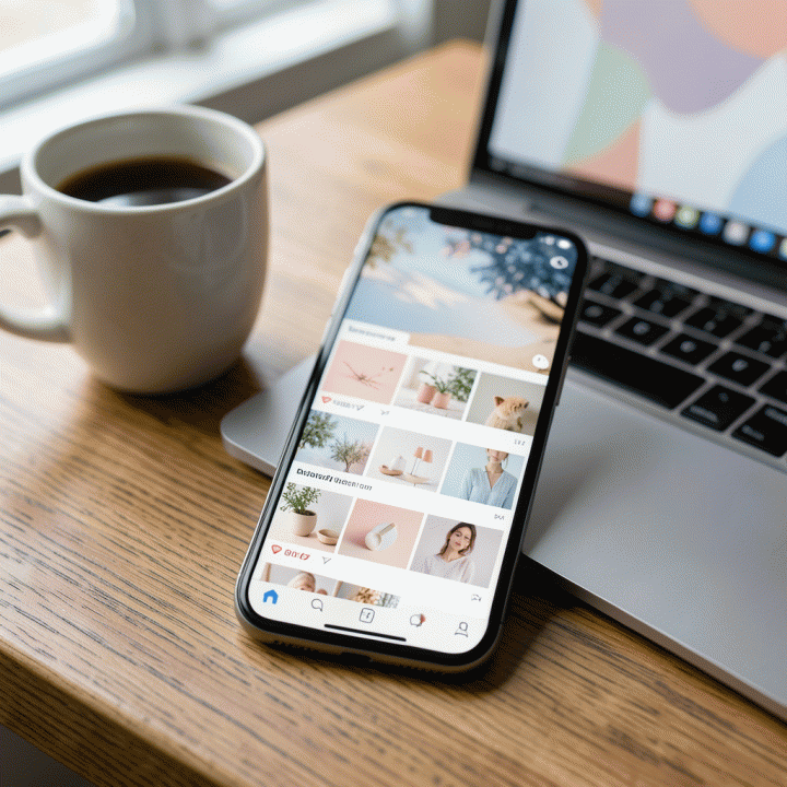 Tampilan grid Instagram di smartphone yang menampilkan feed estetik dan kohesif dengan skema warna harmonis.