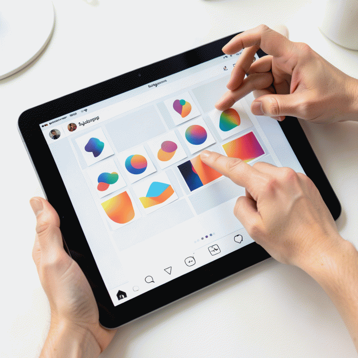 Ilustrasi tangan yang sedang menata elemen stiker digital pada desain feed Instagram di tablet.
