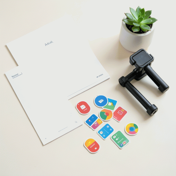 Flat lay estetika perlengkapan konten kreatif yang terorganisir, menunjukkan perencanaan visual.