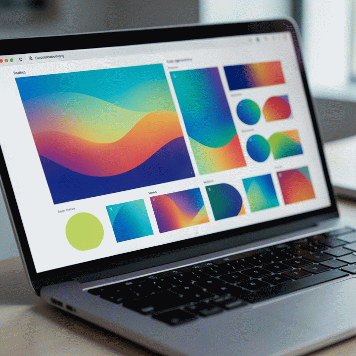 Visual abstrak konsistensi palet warna dalam desain grafis di layar laptop.