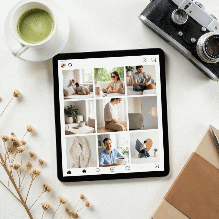 Tampilan tata letak feed Instagram mockup yang estetik dan konsisten, ditampilkan secara flat lay dengan properti pendukung seperti bunga kering dan kopi, menunjukkan inspirasi branding visual.