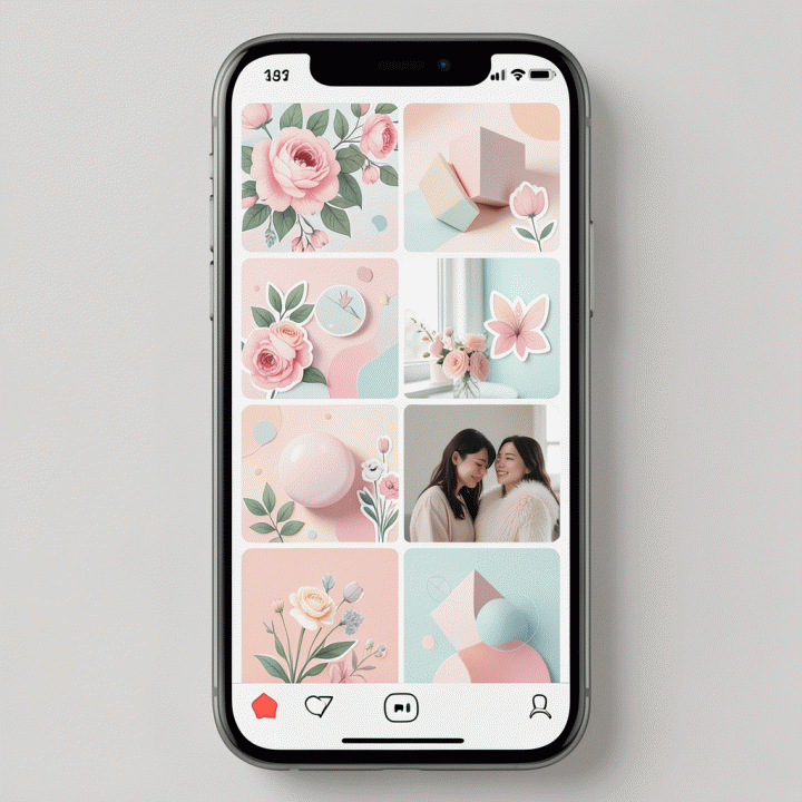 Tampilan feed Instagram yang estetis dan terorganisir dengan palet warna pastel dan elemen stiker digital yang kohesif.