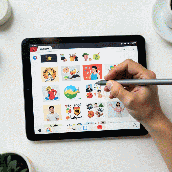 Tangan menggunakan stylus pada tablet untuk mendesain feed Instagram yang estetik dengan stiker digital.