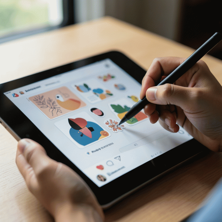 Tangan sedang menambahkan stiker dan elemen dekorasi secara digital pada sebuah desain konten di tablet.