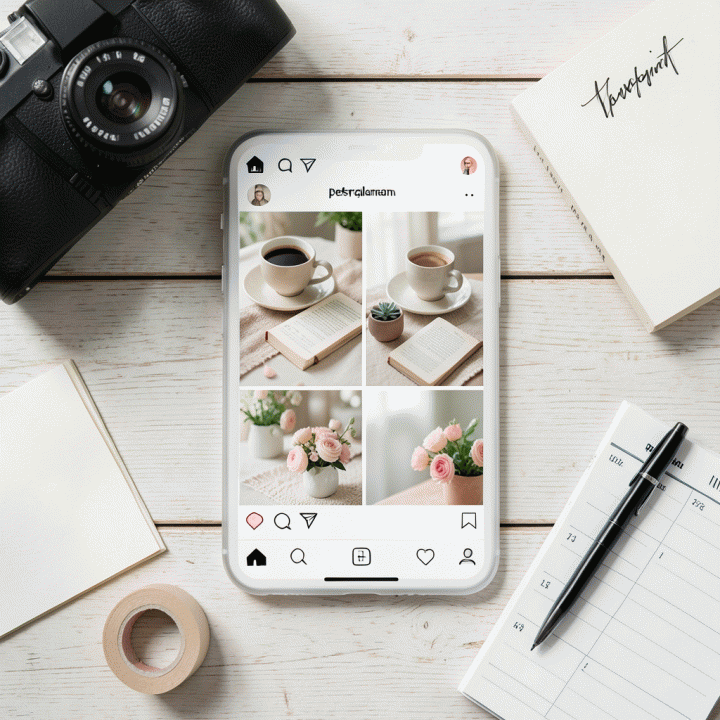 Flat lay estetik dengan mockup feed Instagram yang rapi dan dikelilingi oleh stiker digital, buku catatan, dan alat tulis, menampilkan suasana kreatif dan perencanaan konten.