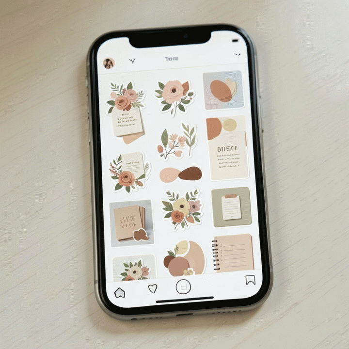 Tampilan feed Instagram yang estetik dan kohesif di layar ponsel modern, menampilkan kombinasi stiker digital bertema bunga dan elemen jurnalistik dengan palet warna earth tone.
