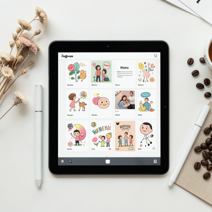 Meja kerja minimalis dengan tablet dan stylus yang digunakan untuk mendesain layout Instagram estetik menggunakan stiker digital.