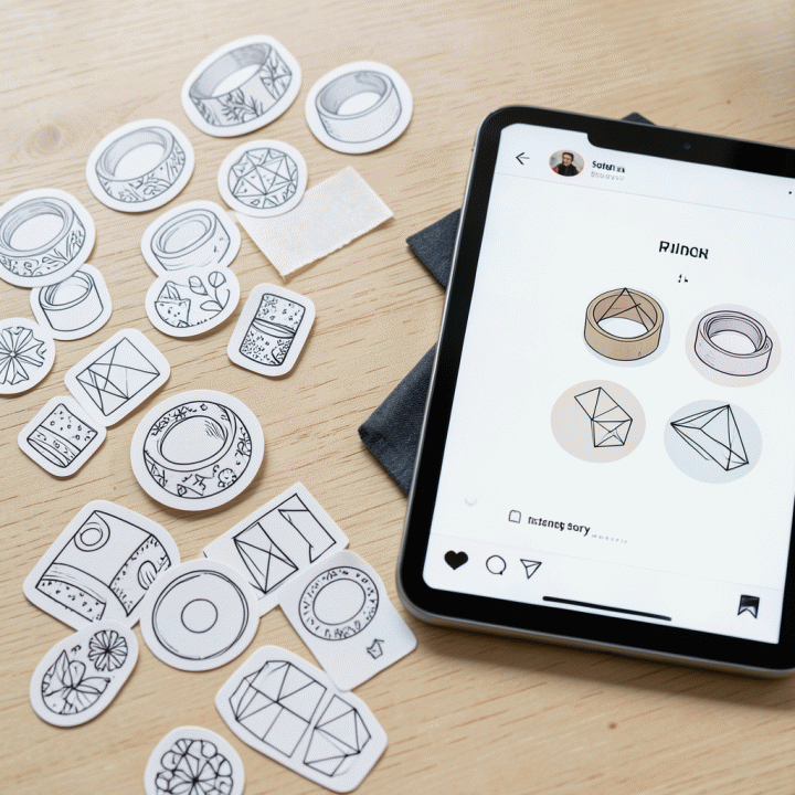 Close-up tampilan stiker digital premium yang siap digunakan untuk desain feed atau jurnal, diletakkan di atas permukaan kayu cerah.