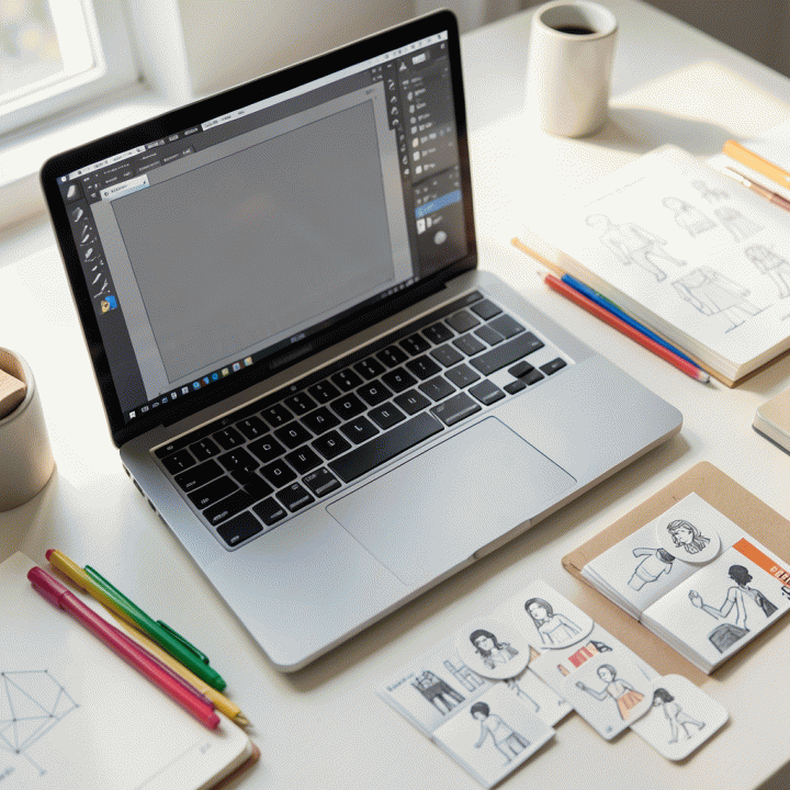 Meja kerja minimalis yang berisi aset stiker digital dan fisik, menunjukkan alat-alat untuk membuat konten estetik.