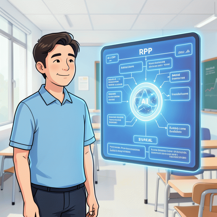 Visualisasi konseptual seorang guru yang percaya diri dengan rencana pembelajaran (RPP) yang dihasilkan secara otomatis dan lengkap oleh AI.