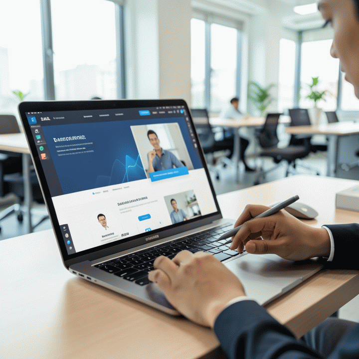 Visualisasi profesional seorang marketer menggunakan laptop modern di ruang kerja yang terang, menampilkan antarmuka pembuatan sales page konversi tinggi yang didukung AI.