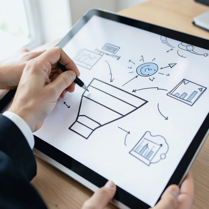 Tangan seorang profesional sedang membuat diagram funel konversi tinggi di papan tulis, melambangkan perencanaan strategis marketing.