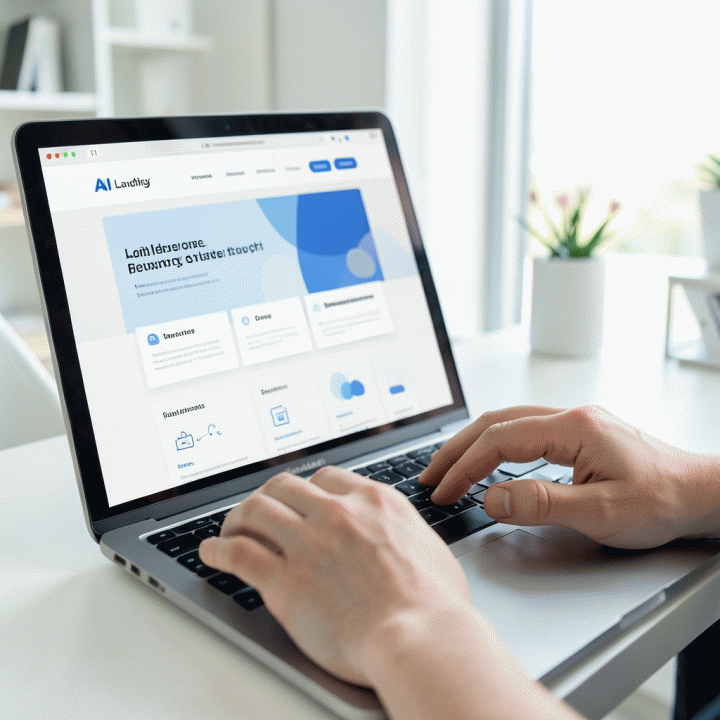 Tangan sedang mengetik di laptop dengan latar belakang antarmuka AI landing page builder yang menampilkan proses pembuatan halaman web secara otomatis dan efisien.