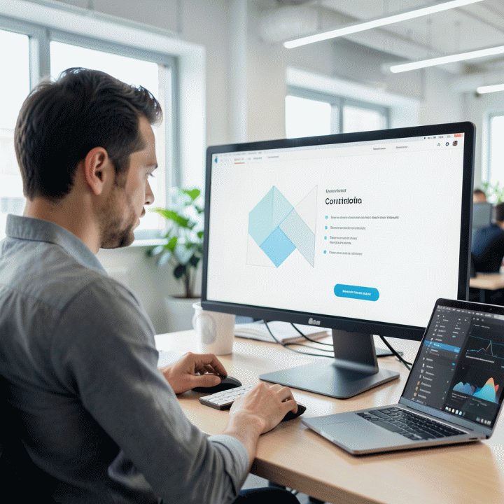 Seorang profesional bisnis yang tampak fokus di co-working space modern, menatap layar monitor besar yang menampilkan tata letak sales page digital yang rapi dan terstruktur, menyiratkan efisiensi dan konversi tinggi.