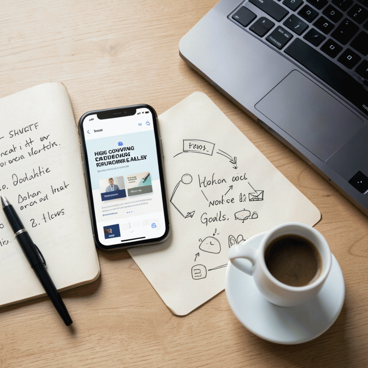 Komposisi flat lay profesional yang menampilkan smartphone dengan mockup sales page konversi tinggi, di samping laptop dan buku catatan, melambangkan kombinasi strategi dan alat digital.