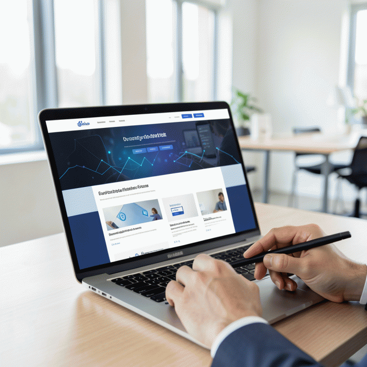 Tangan profesional berinteraksi dengan laptop yang menampilkan desain sales page digital yang modern dan sangat terstruktur, melambangkan konversi tinggi dan efisiensi kerja.
