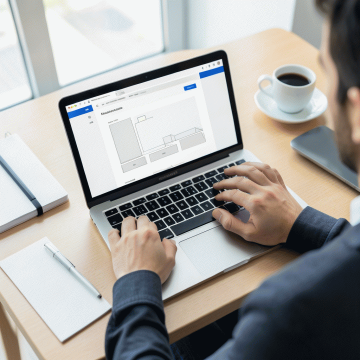 Seseorang bekerja di laptop yang menampilkan kerangka landing page yang bersih, menunjukkan proses pembuatan konten digital yang efisien.