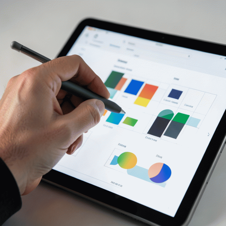 Tangan menggunakan stylus pada tablet yang menampilkan antarmuka alat AI desain untuk membuat thumbnail secara otomatis.