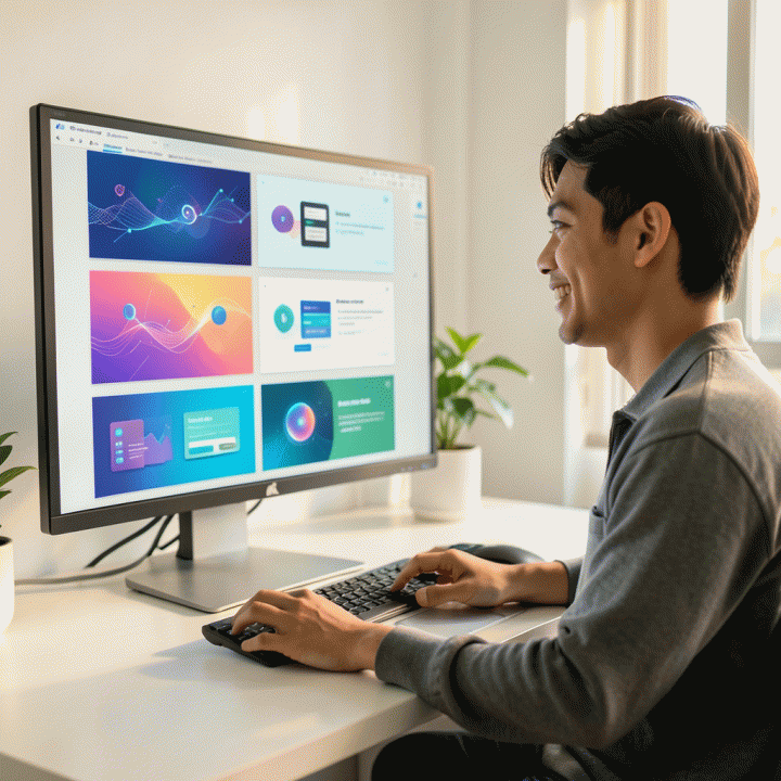 Seorang content creator yang bahagia sedang meninjau koleksi thumbnail YouTube yang konsisten dan berkualitas tinggi di monitor komputer, menunjukkan kemudahan penggunaan alat desain AI.