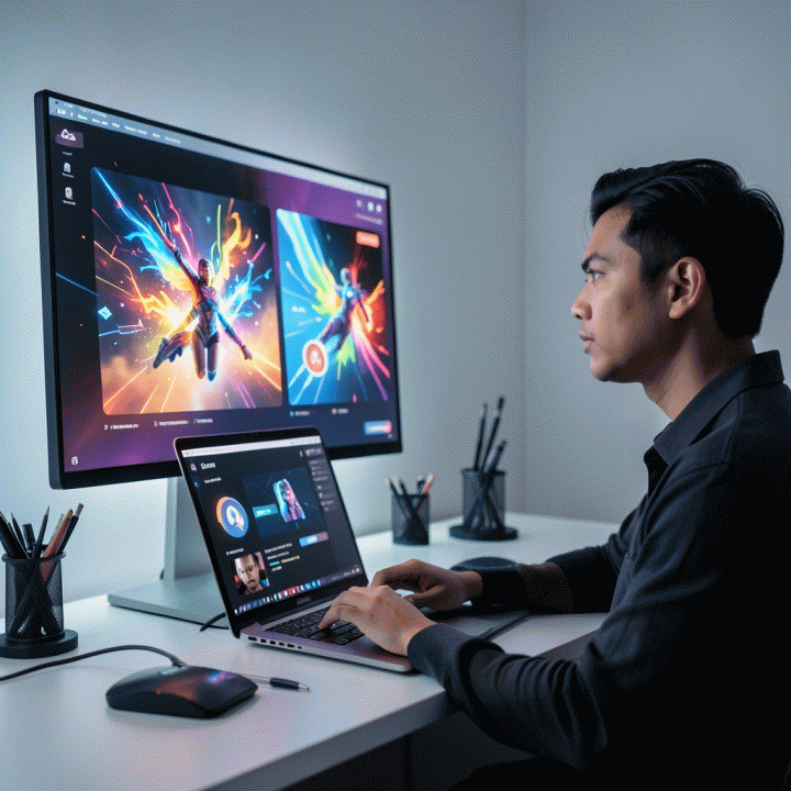 Seorang content creator Indonesia menggunakan laptop canggih di meja kerja profesional, berinteraksi dengan visualisasi thumbnail YouTube yang dinamis dan dihasilkan oleh AI.