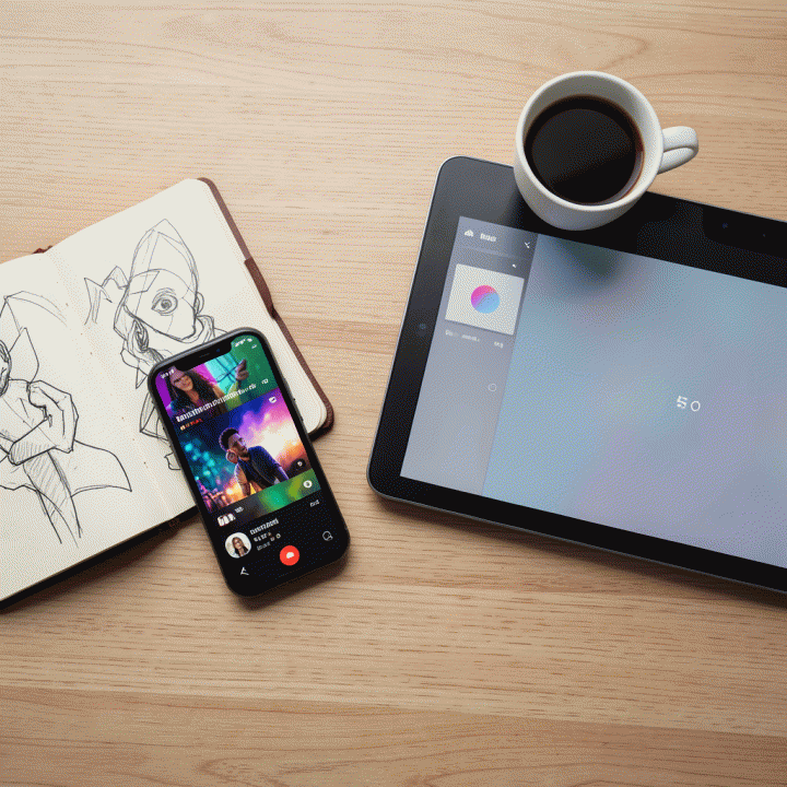 Flat lay meja kerja dengan perlengkapan pembuatan konten: sketsa, mockup thumbnail di smartphone, dan laptop dengan antarmuka AI yang abstrak.