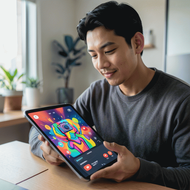 Seorang content creator Indonesia menggunakan tablet futuristik untuk menghasilkan thumbnail YouTube yang menarik secara otomatis menggunakan AI, di lingkungan kerja yang modern.