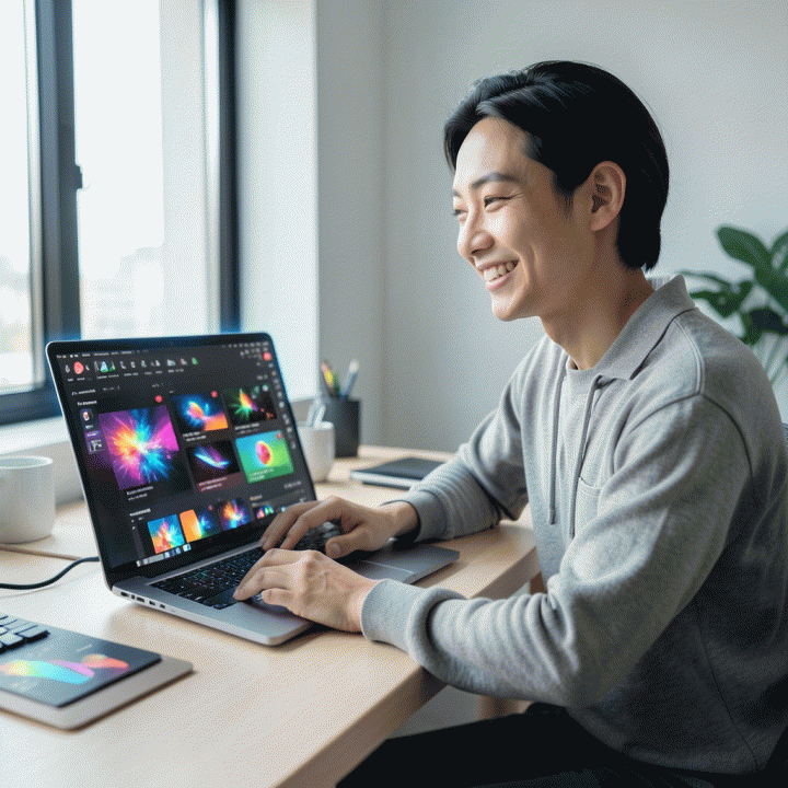Seorang kreator konten Asia yang bekerja di meja modern dengan laptop yang menampilkan desain thumbnail YouTube yang konsisten dan menarik, menunjukkan kemudahan dan profesionalisme menggunakan AI.