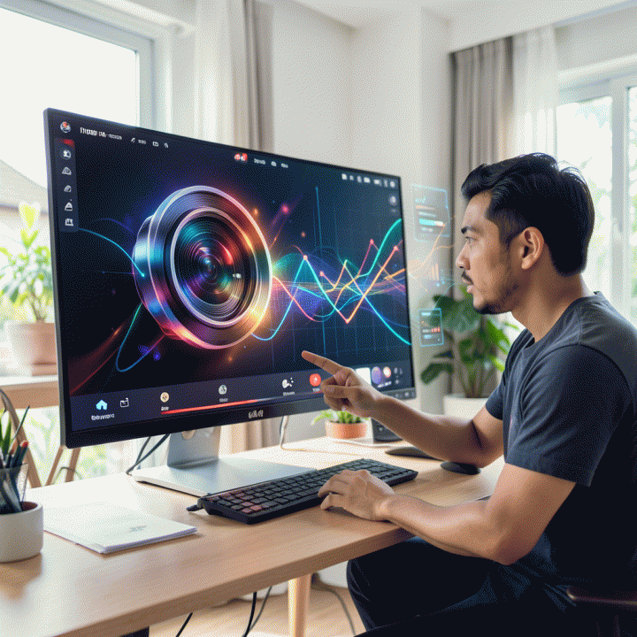 Seorang content creator profesional di kantor modern yang menunjukkan thumbnail YouTube yang menarik dan berkualitas tinggi di layar digital, melambangkan solusi desain konten menggunakan AI.