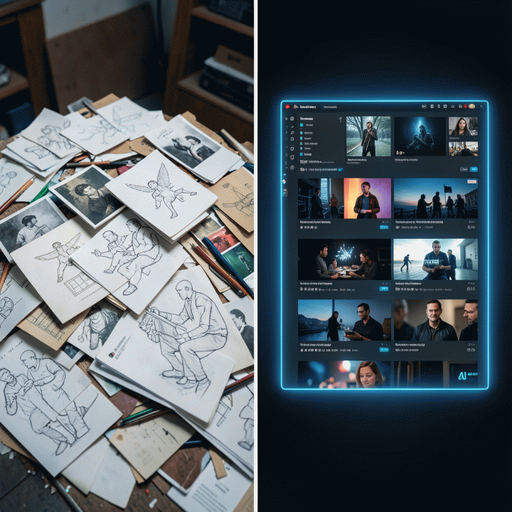 Perbandingan visual antara proses desain thumbnail manual yang rumit dengan hasil otomatis dan konsisten dari alat AI.