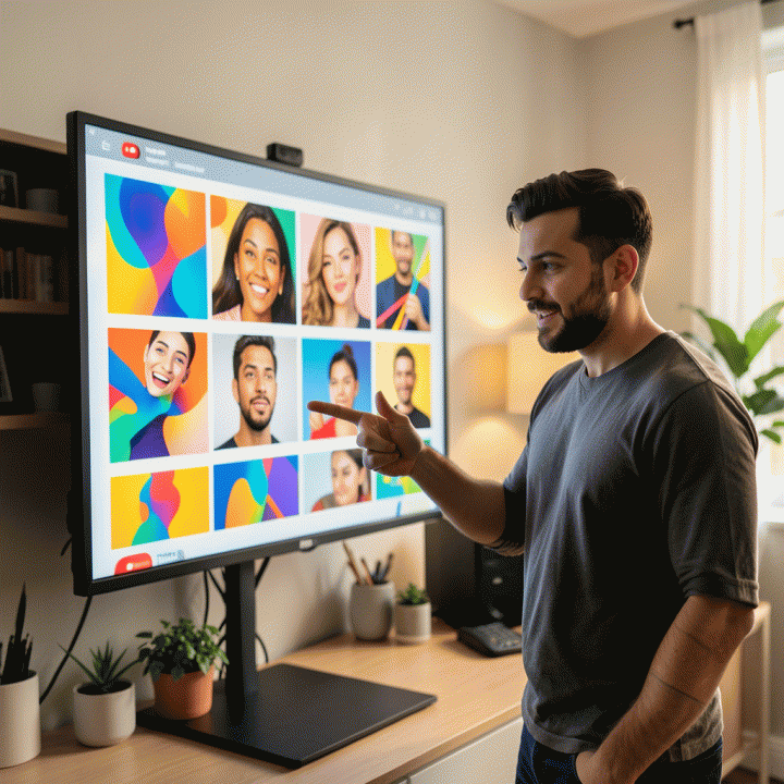 Seorang content creator profesional di studio modern sedang menunjuk ke layar digital yang menampilkan berbagai contoh thumbnail YouTube yang menarik dan berkualitas tinggi, melambangkan efisiensi desain konten.