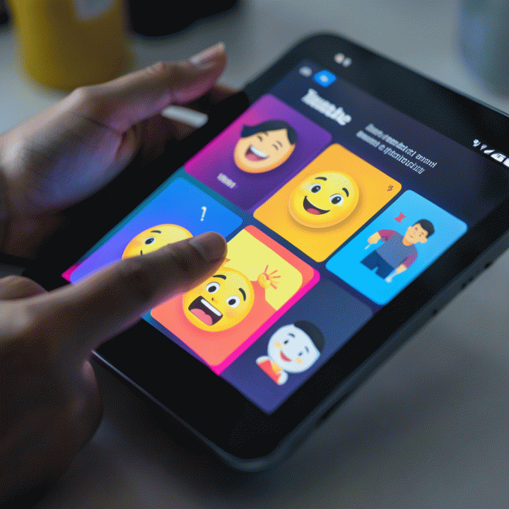Tangan seorang kreator berinteraksi dengan tablet AI yang menampilkan konsep desain thumbnail yang menarik, menunjukkan kemudahan penggunaan AI untuk desain visual.