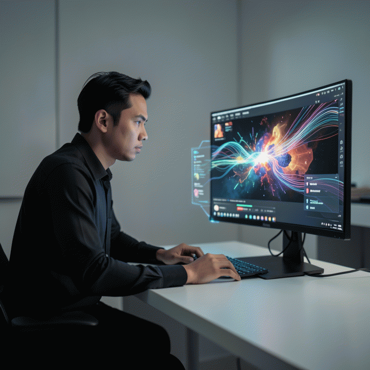 Seorang content creator modern di meja kerja futuristik, menggunakan antarmuka AI holografik untuk mengubah teks menjadi thumbnail YouTube profesional yang menarik.