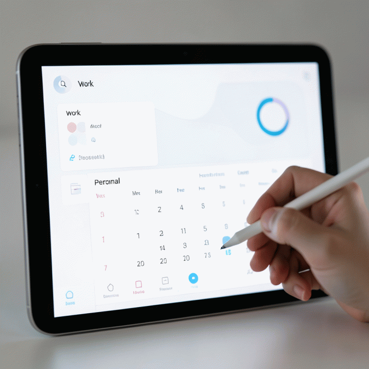 Visualisasi dashboard manajemen tugas digital yang bersih dan minimalis di layar tablet, menunjukkan tata letak kategori tugas, kalender, dan progress tracker tanpa teks yang terbaca.