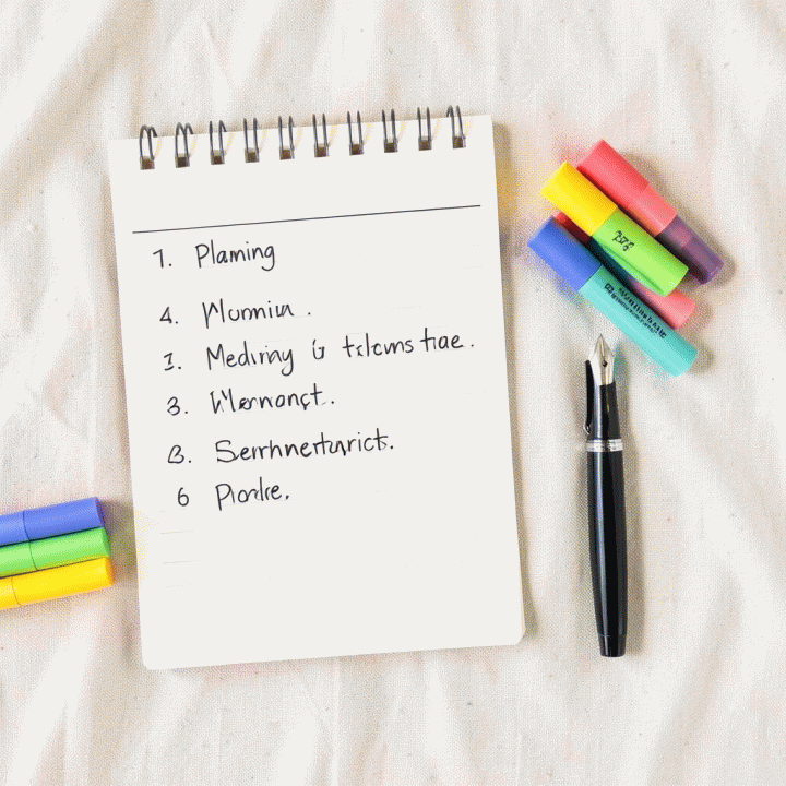 Foto pandangan atas berbagai alat produktivitas seperti sticky notes, pulpen warna-warni, dan daftar tugas yang terorganisir, menonjolkan konsep perencanaan harian yang efisien.