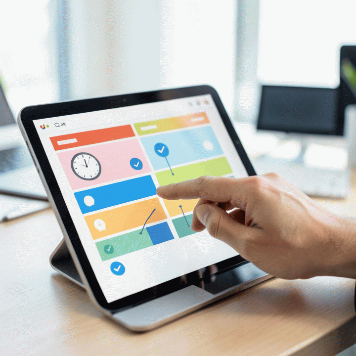 Pengguna yang sedang mengorganisir daftar tugas dan memprioritaskan pekerjaan di antarmuka aplikasi digital pada tablet.