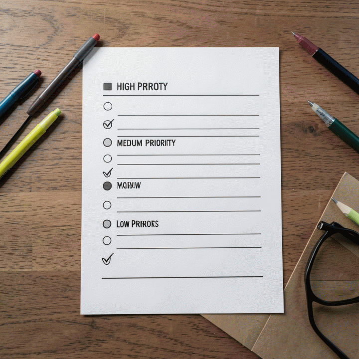 Template to-do list harian yang terstruktur rapi dengan pemisahan prioritas di atas permukaan meja kayu.