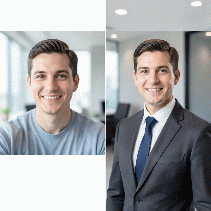Before and after comparison of an AI tool transforming a casual selfie into a professional CV photo.