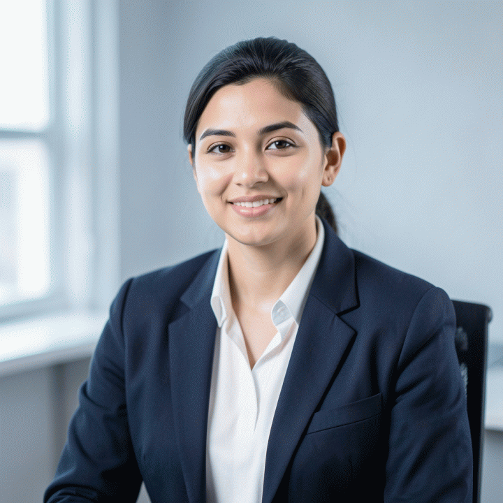 Photorealistic professional portrait for a CV or LinkedIn profile, focusing on a confident young professional in a modern office setting.