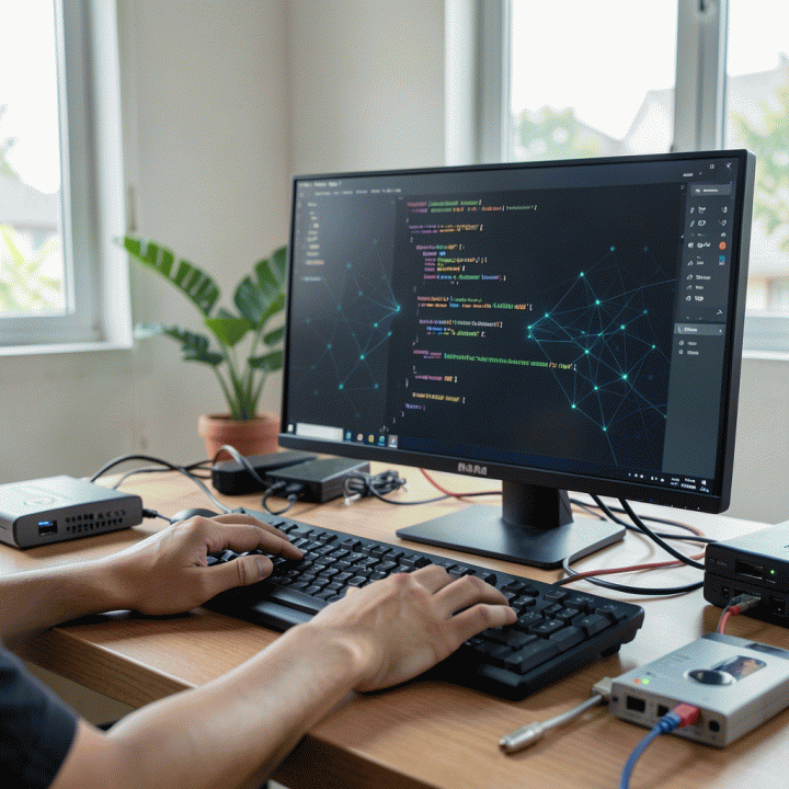 Tangan di depan komputer dengan monitor yang menampilkan antarmuka perbaikan jaringan, melambangkan proses mengatasi error DNS Server Not Responding.