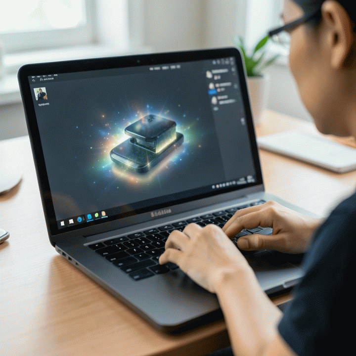 Seorang pengguna sedang menggunakan laptop untuk mempertajam dan memperbaiki foto produk e-commerce yang buram, menunjukkan transformasi kualitas gambar.