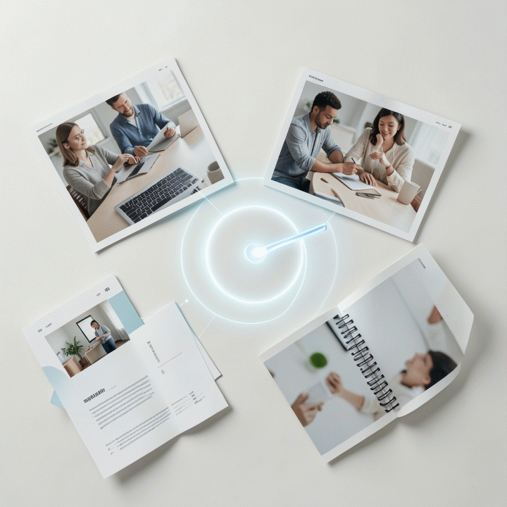 Komposisi flat lay yang menunjukkan peningkatan kualitas aset visual, dari resolusi rendah menjadi sangat tinggi, siap untuk e-commerce dan pemasaran.