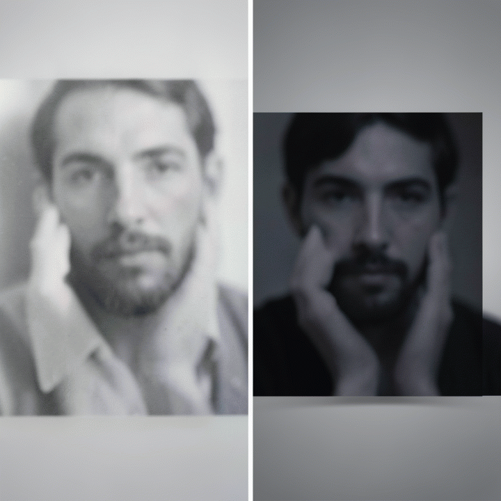 Comparison of blurry and AI-enhanced image quality before and after enhancement.