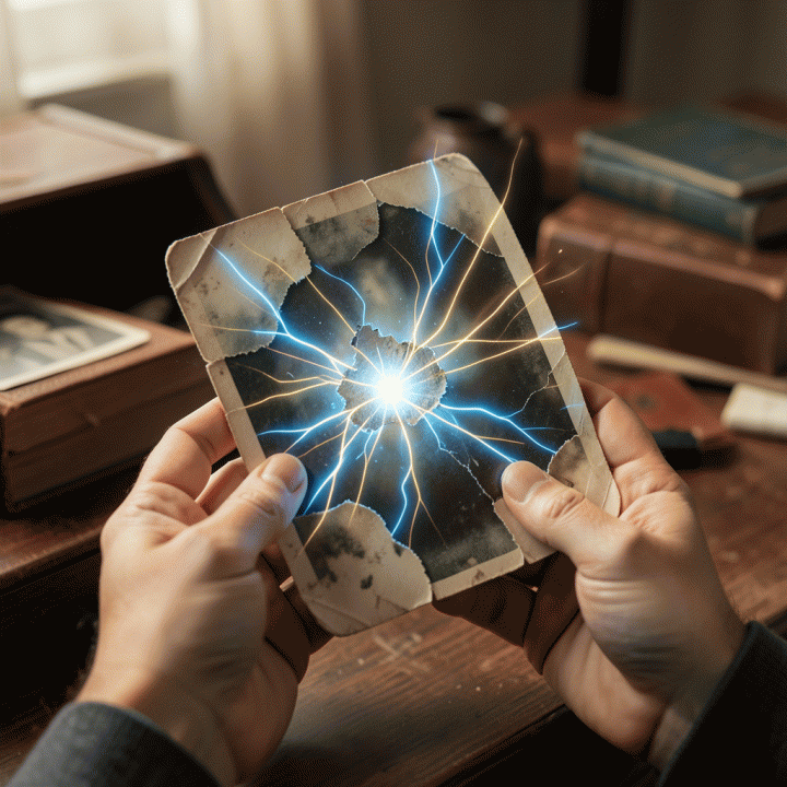 Tangan memegang foto vintage yang rusak dan berjamur, yang sedang direstorasi secara magis dengan energi digital AI.