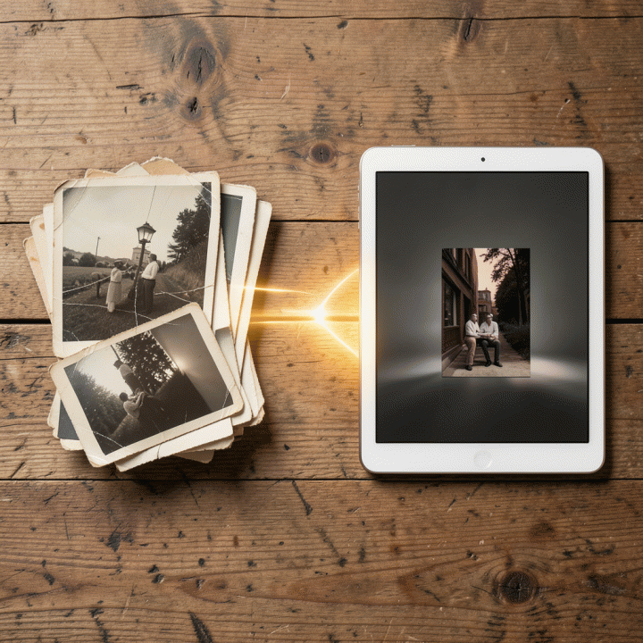 Perbandingan foto lama yang rusak dan foto hasil restorasi digital yang sempurna di atas meja kayu.