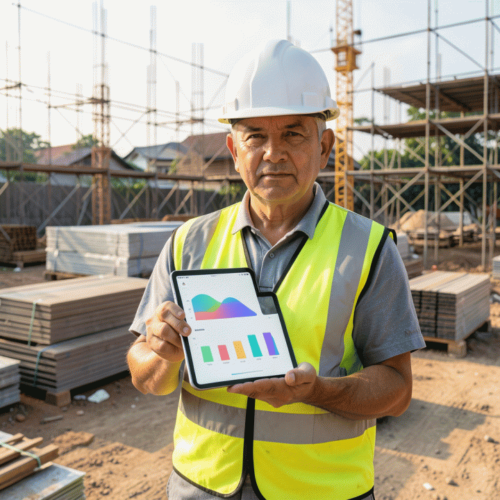 Seorang pengawas proyek konstruksi mengenakan helm pelindung dan rompi reflektif sambil memegang tablet yang menampilkan dashboard grafik tanpa teks di lokasi konstruksi.