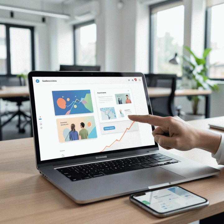 Meja kerja modern dengan laptop dan smartphone yang menampilkan ide konten dan peningkatan jangkauan audiens.