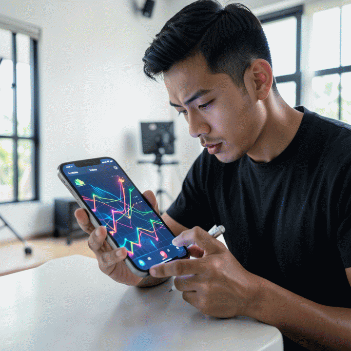 Content creator menganalisis tren viral dan data konten di smartphone modern yang canggih.