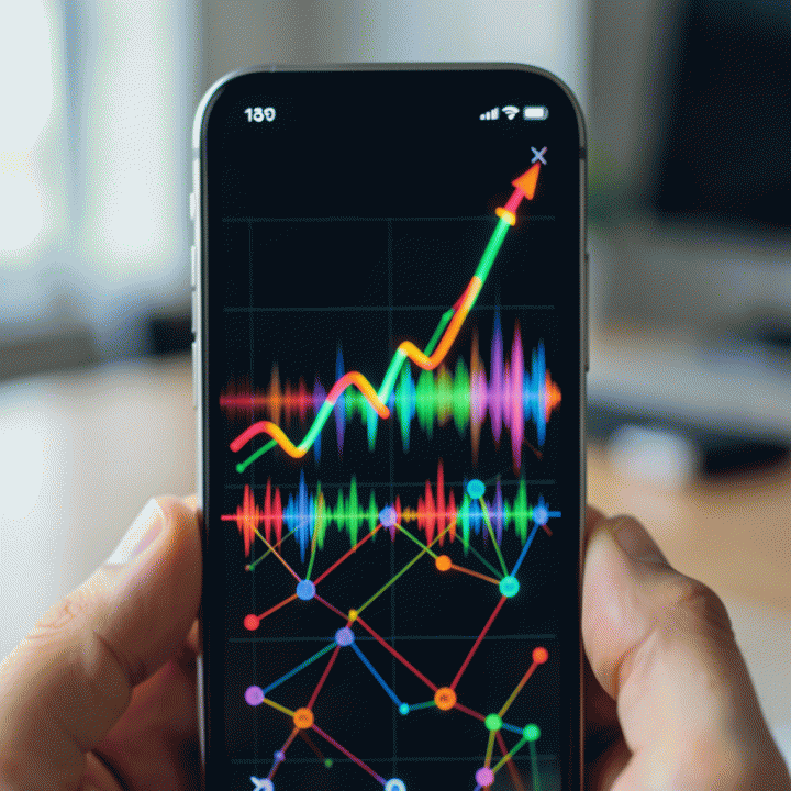 Visualisasi data tren TikTok yang sedang naik daun, menunjukkan pola gelombang suara dan grafik viral di layar ponsel.