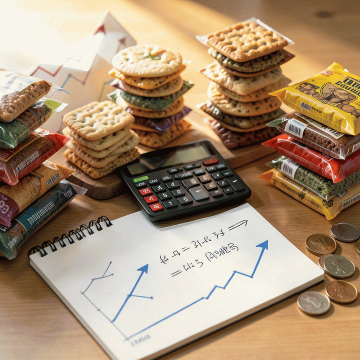 Komposisi flat lay yang menunjukkan peralatan bisnis (kalkulator, buku catatan) dan produk makanan ringan UMKM yang tersusun rapi, melambangkan perhitungan harga jual yang akurat dan potensi keuntungan usaha F&B.