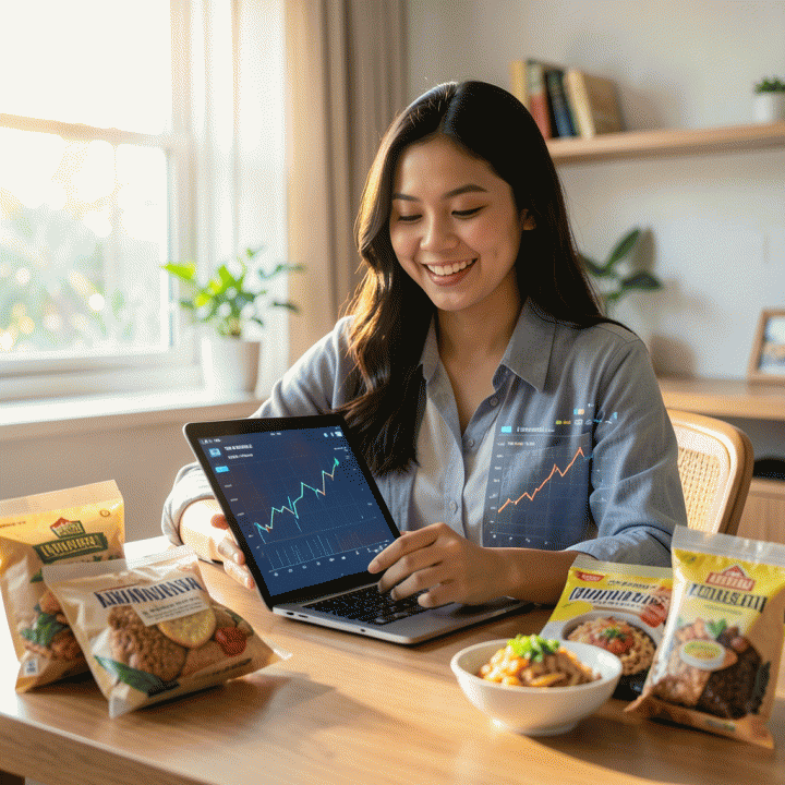 Seorang pemilik UMKM F&amp;B sedang menganalisis data keuangan di laptopnya dengan percaya diri, dikelilingi produk makanan yang menarik.
